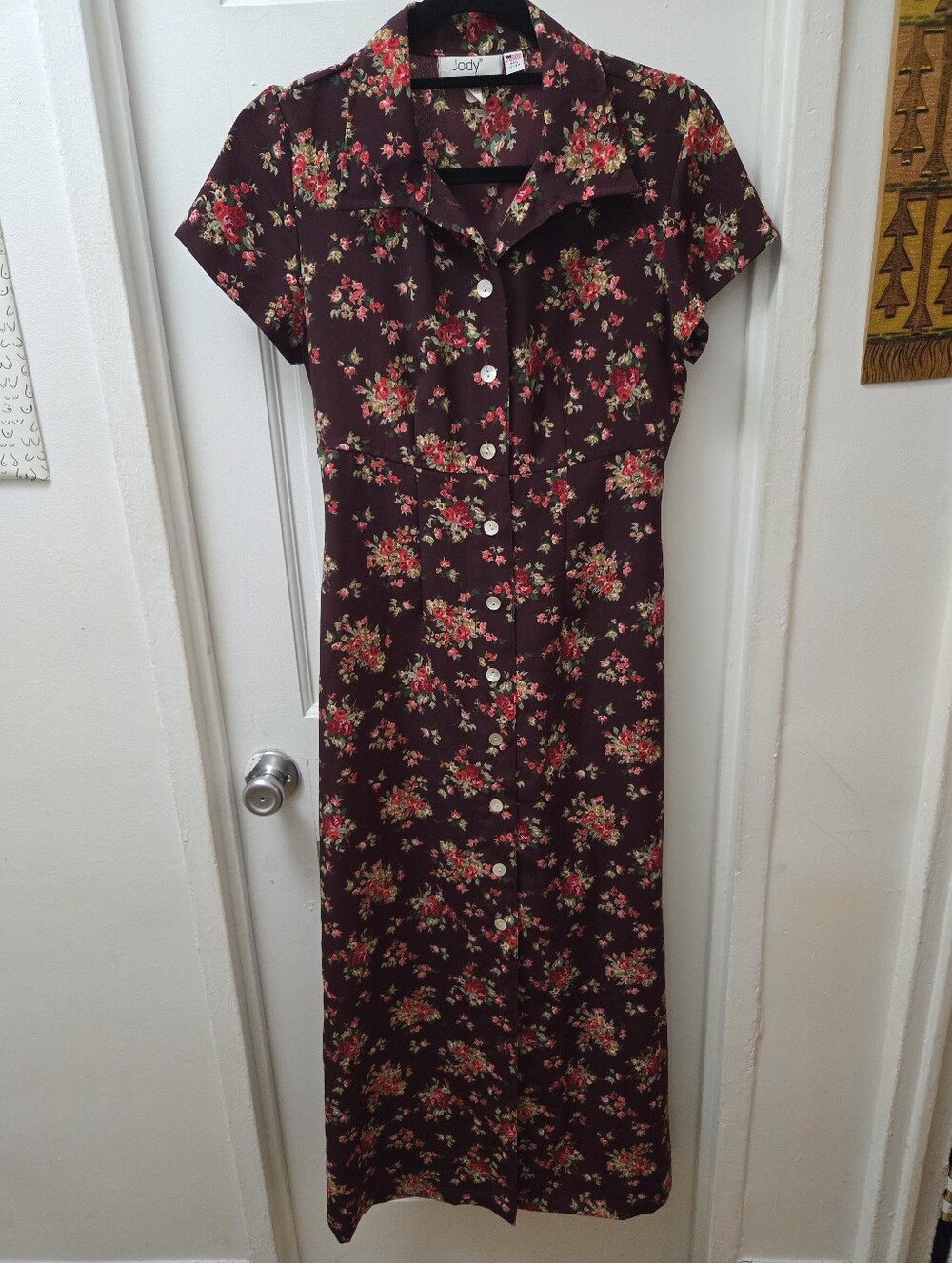 Vintage Jody California Floral Midi Dress Tie Back Button Front Cottagecore Boho